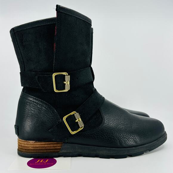 Sorel Women's Major Moto Black Leather Red Plaid Lined Boots NL2432-010 Size 9 - Picture 1 of 11